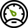 Speedometer icon with green needle