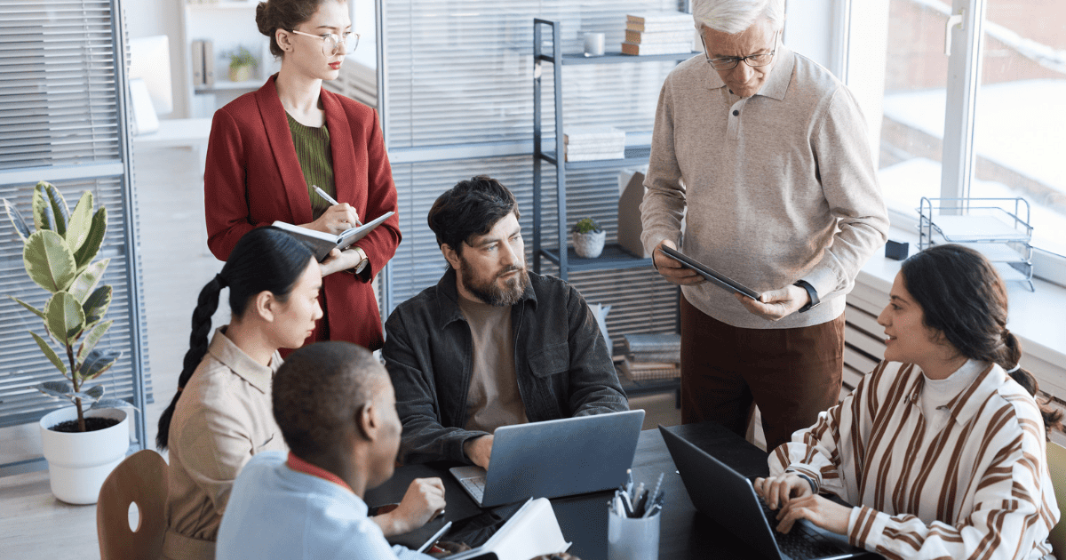 Team having a meeting in modern office space.